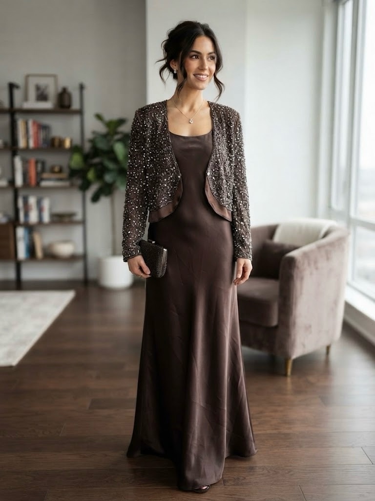 Nwt Oblique Chocolate Brown Satin Formal Gown Sequin Two-Piece Set Dress Party